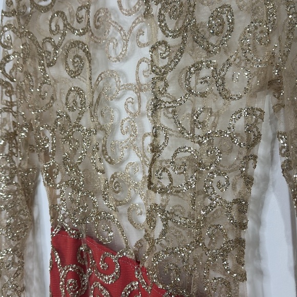 Formal Sheer Red Gold Mermaid Dress Glitter Open Back Small Women’s - Picture 8 of 13